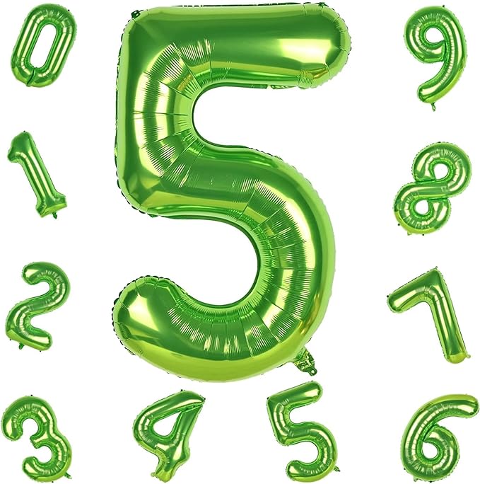 Green Number 5 Balloon for Girls Boys, 40 Inch Large Number 0-9 Foil Mylar Helium Digital Balloons Set for Women Men Jungle Birthday Graduation Anniversary Party Decorations Celebration Supplies