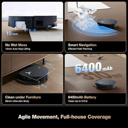 ECOVACS DEEBOT X8 PRO OMNI Robot Vacuum and Mop, 18000Pa, OZMO ROLLER Instant Self-Washing Mopping, 167℉ Hot Water Mop Washing, Auto Cleaning Solution Adding, Hot Air-Drying, Self-Emptying, Black