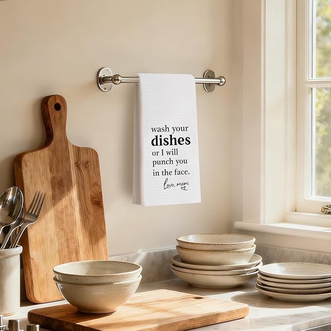 Funny Kitchen Dish Towels, Funny Gifts for Mom, Wash Your Dishes or I Will Punch You in The Face Decorative Hand Tea Towels for Kitchen Dining Room, 16x24 Inch