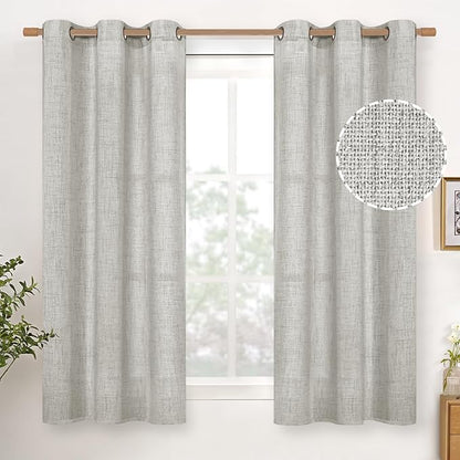 YoungsTex Light Grey Linen Curtains 45 Inch Length for Kitchen Bathroom Window, Short Semi Sheer Drapes with Bronze Grommet Light Filtering for Living Room Bedroom, 42 X 45 Inch, 2 Panels