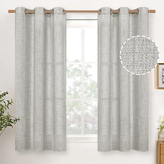 YoungsTex Light Grey Linen Curtains 45 Inch Length for Kitchen Bathroom Window, Short Semi Sheer Drapes with Bronze Grommet Light Filtering for Living Room Bedroom, 42 X 45 Inch, 2 Panels