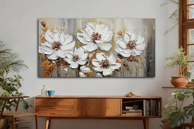 Acocifi Large Wall Art Decor for Living Room Bedroom, Textured Floral Canvas Wall Art, Vintage White Floral Painting Picture Artwork for Dining Room Office Home Decor 48"x24"