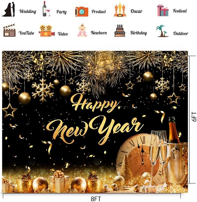 CHAIYA 8X6ft 2026 Happy New Year Party Backdrop Fabric Sign Poster Banner with Pattern Firework for New Year Party Decoration Photo Props Background Supplies