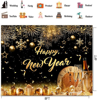 CHAIYA 8X6ft 2026 Happy New Year Party Backdrop Fabric Sign Poster Banner with Pattern Firework for New Year Party Decoration Photo Props Background Supplies
