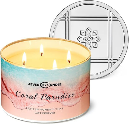 4EVER Scented Candles | 4-Wick 18oz Soy Wax Candle | Up to 50Hrs Clean Burn | Aromatherapy Candles for Home Scented | Gifts for Women & Mom, Coral Paradise
