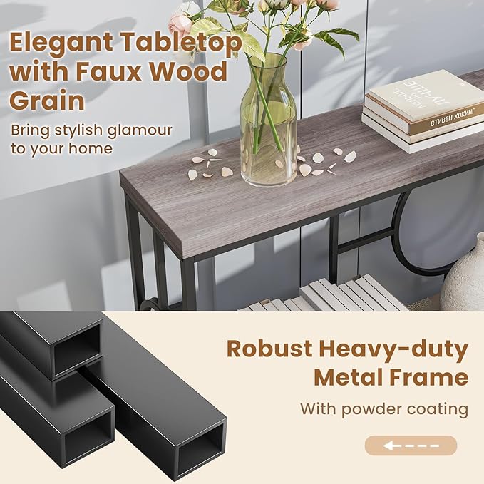 GOFLAME 71” Extra Long Console Table, 2-Tier Faux Wood Entryway Table with Storage Shelf, Geometric Metal Frame, Industrial Accent Table, Narrow Sofa Table for Living Room, Hallway