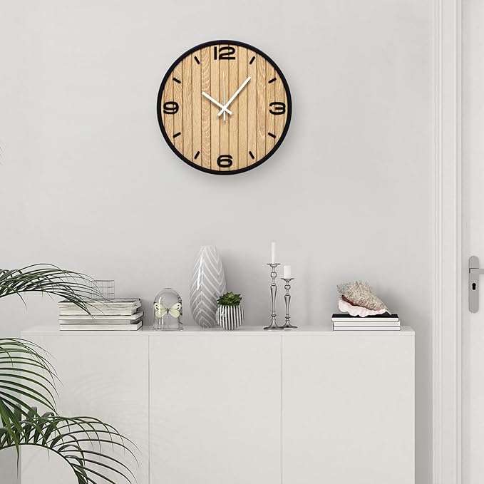 12 Inch Round Wall Clock Battery Operated, Wooden Decorative Analog Clocks Non-Ticking Quartz for Apartment, Living Room, Bedroom, Hallway, Classroom - Easy to Install & Read
