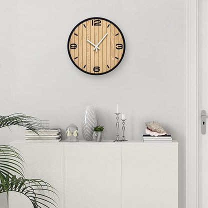 12 Inch Round Wall Clock Battery Operated, Wooden Decorative Analog Clocks Non-Ticking Quartz for Apartment, Living Room, Bedroom, Hallway, Classroom - Easy to Install & Read