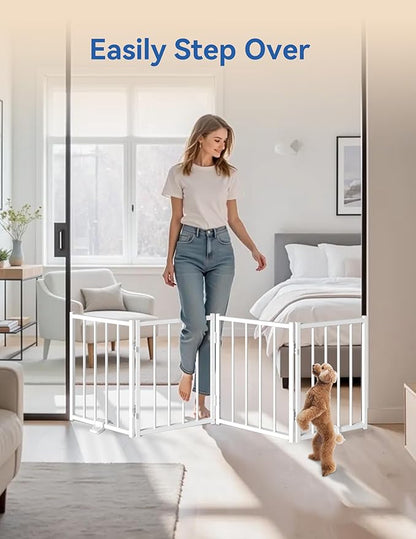 Free Standing Foldable Dog Gate, 16.5" High Step-Over Metal Short Pet Gate, Up to 48" Wide Puppy Fence for Stairs and Doorways, Indoor & Outdoor Use, No Drilling and No Assembly, White