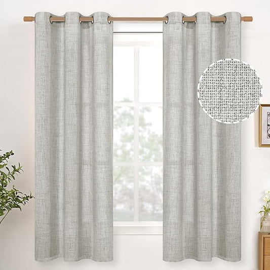 YoungsTex Light Grey Linen Curtains for Bedroom 38 x 63 Inch, Privacy Light Filtering Drapes with Bronze Grommet for Living Room Office Burlap Textured Decorative Curtain, 2 Panels