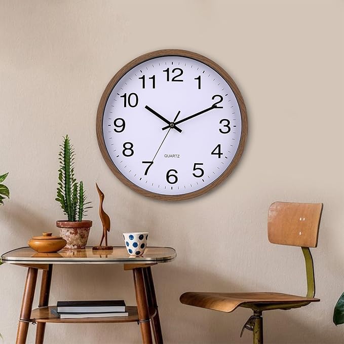 Wall Clock 12 Inch Wooden Frame Glass Cover Non-Ticking Number Quartz Modern Quartz Design Decorative Bedroom Kitchen Office Classroom Dark Brown