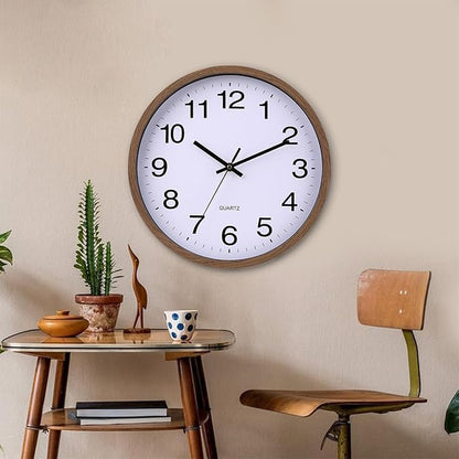 Wall Clock 12 Inch Wooden Frame Glass Cover Non-Ticking Number Quartz Modern Quartz Design Decorative Bedroom Kitchen Office Classroom Dark Brown