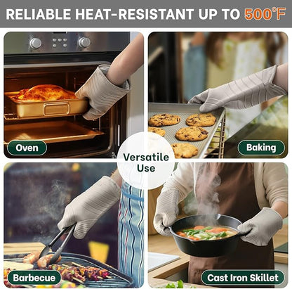 Beneno Premium Silicone Oven Mitts 2-Pack Heat Resistant 500°F, Soft Flexible Non-Slip Grips, BPA-Free & Waterproof Oven Mitts with Comfort Cotton Lining for Baking, Grilling, Cooking, 7"x13", Beige