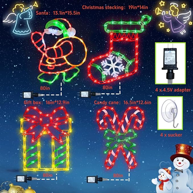 Christmas Window Silhouette Lights Decorations - 16" 4 Pack Colour Lighted Santa ＆ Gift Box ＆ Candy Cane ＆ Christmas Stocking for Holiday Wall Door Window Decorate