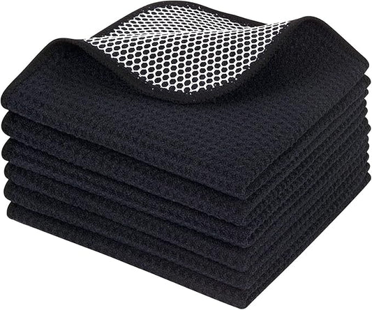 KinHwa Kitchen Washcloths for Dishes Absorbent Microfiber Dish Cloths Quick Dry Dish Rags with Poly Scour Scrub Side Ideal for Kitchen Cleaning (Black-B, 12inchx12inch 6 Pack)