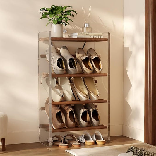 Free Standing Shoe Rack & Closet Shoe Shelf, for Entryway Small Space, Front Door, Garage, 4-Tier Slanted, Solid Wood & Acrylic Frame with Top Shelf Storage