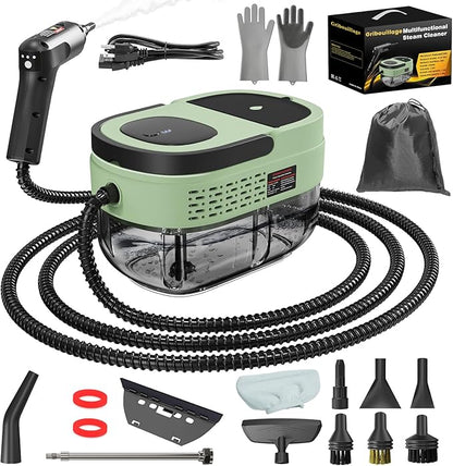 Handheld Steam Cleaner for Home, 2500W High Temperature Pressurized Machine, 1.6L Water Tank, Handle-controlled Steam Output, Portable Cleaning Steamer for Car, Bed Bugs, Furniture (Green, 16 PCS)
