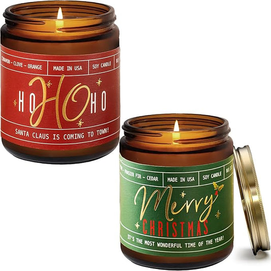 Christmas Candles for Holiday Set of 2 - 'Ho Ho Ho' Christmas Scented Candles, w/Clove, Orange & Cinnamon Candle I Stocking Stuffers for Women I 9oz Reusable Jar, 50Hr Burn, USA Made