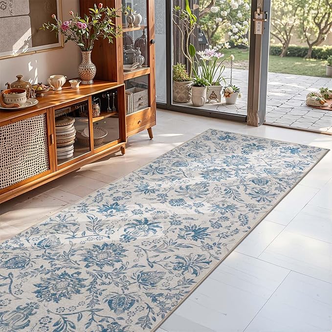 jinchan Runner Rugs 3x8, Vintage-Inspired Floral Design Machine Washable Non-Slip Ultra-Thin Low-Pile Rubber Backing Traditional Rug for Kitchen Hallway Laundry Room Entryway Dark Blue