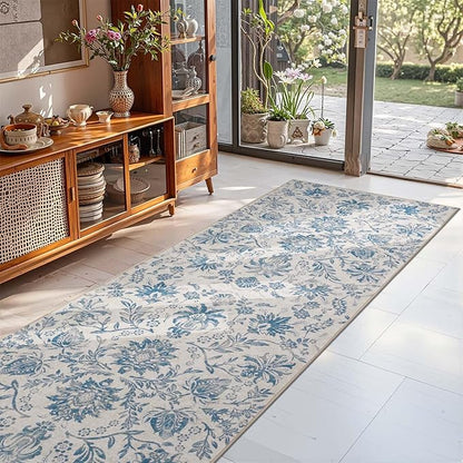 jinchan Runner Rugs 3x8, Vintage-Inspired Floral Design Machine Washable Non-Slip Ultra-Thin Low-Pile Rubber Backing Traditional Rug for Kitchen Hallway Laundry Room Entryway Dark Blue