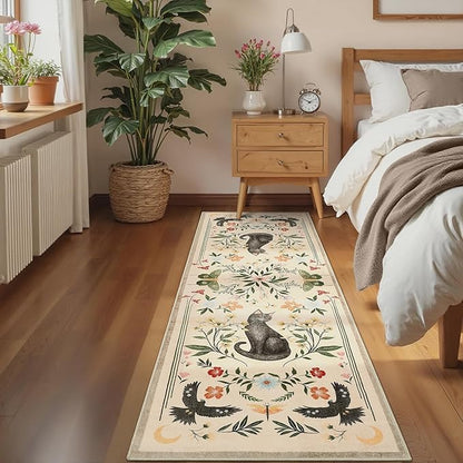 GarveeHome 2x6 Cat Washable Runner Rug for Kitchen, Soft Beige Hallway Runner Non Slip Mushroom Moths Entryway Rug Floral Laundry Mat Stain Resistant Carpet for Bedroom Bathroom Beside Rug