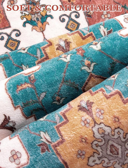 SERISSA Boho Washable Runner Rug, 2x5 Rug Non-Slip Vintage Orange Hallway Kitchen Runner Rug Ultra Soft Print Distressed Floor Carpet for Bedroom Bathroom Laundry Living Room