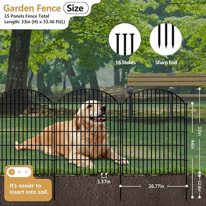 15 Panels Decorative Garden Fence, 33in (H) x 33.46ft (L) No Dig Dog Fences Outdoor for Yard, Rustproof Tall Metal Fencing Panels Animal Barrier Border for Rabbits, Patio Temporary Use