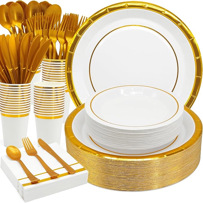 AIRE 175PCS White Gold Paper Plates Party Supplies Dinnerware Sets for 25 Guests, Disposable Paper Party Plates, Cups and Napkins, Gold Plastic Forks Knives Spoons for Wedding Birthday BBQ Parties