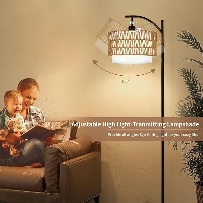 Arc Black Floor Lamp for Living Room with Remote,Dimmable LED Floor Lamp with 3 Color Temperature,Farmhouse Boho Standing Lamp with Rattan Wicker Shade,Adjustable Tall Lamp for Bedroom Office Corner