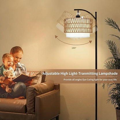 Arc Black Floor Lamp for Living Room with Remote,Dimmable LED Floor Lamp with 3 Color Temperature,Farmhouse Boho Standing Lamp with Rattan Wicker Shade,Adjustable Tall Lamp for Bedroom Office Corner