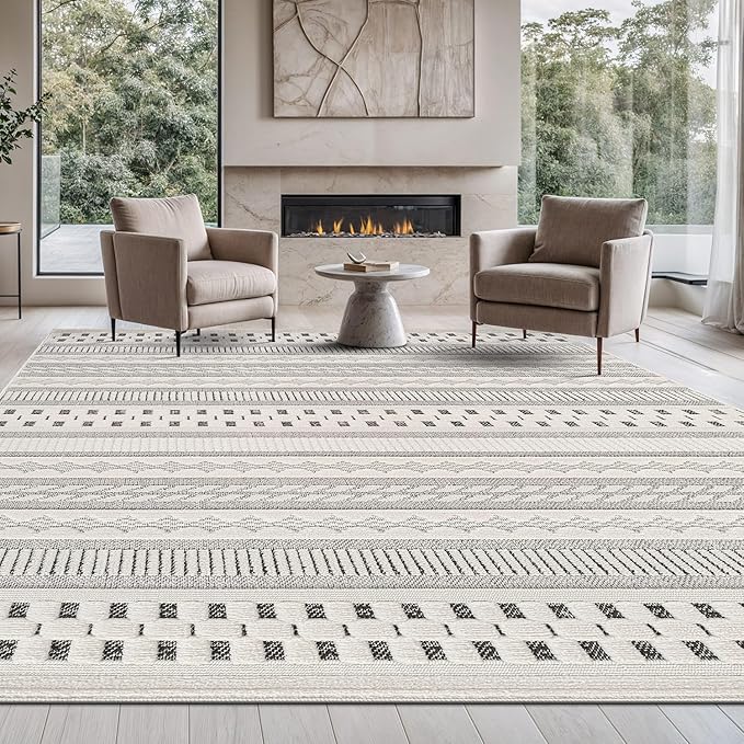 Beverly Rug Micro Loop Area Rug Gray/White 8x10 Geometric Modern Scandinavian Striped Durable Soft Indoor Rugs for Living Dining Room Office Stain Resistant Non Shedding Casual Indoor Carpet 8 x 10