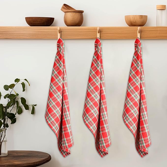 Christmas Kitchen Towels Set of 6, Soft Premium Cotton Highly Absorbent Towels 18x28 Inches, Washable & Reusable, Quick Drying Dish Cloths with Mitered Corner - Red/Green/White, Checks