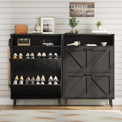Vabches Shoe Storage Cabinet with 2 Flip Drawers,Freestanding Narrow Shoe Organizer with Open Storage,Hidden Slim Shoe Rack Cabinet for Entryway,Black (2 Pack)
