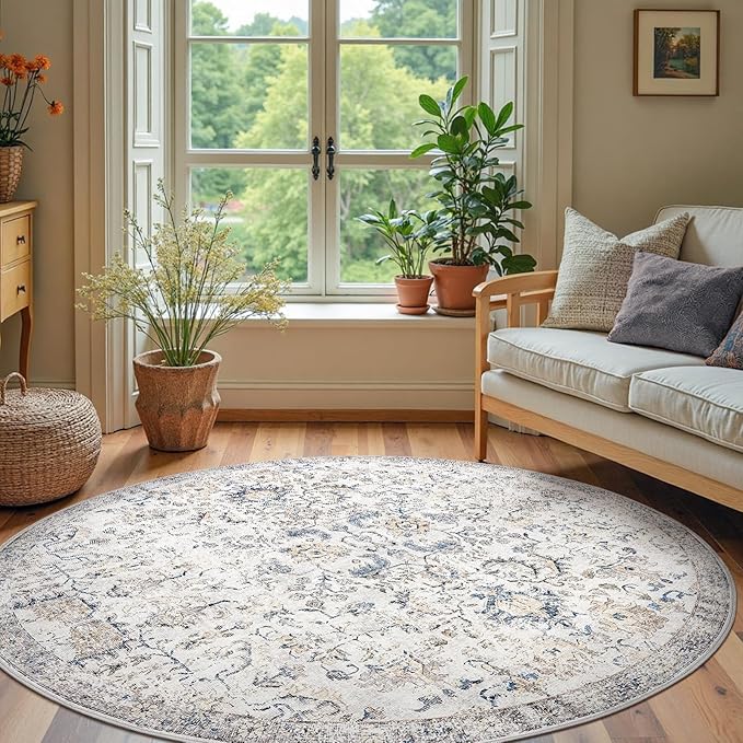 jinchan Round Rug 7ft Area Rug Washable Vintage Indoor Retro Accent Floor Cover Distressed Floral 7' Round Circle Boho Non Slip Thin Carpet for Living Room Dining Room Bedroom Kitchen Blue
