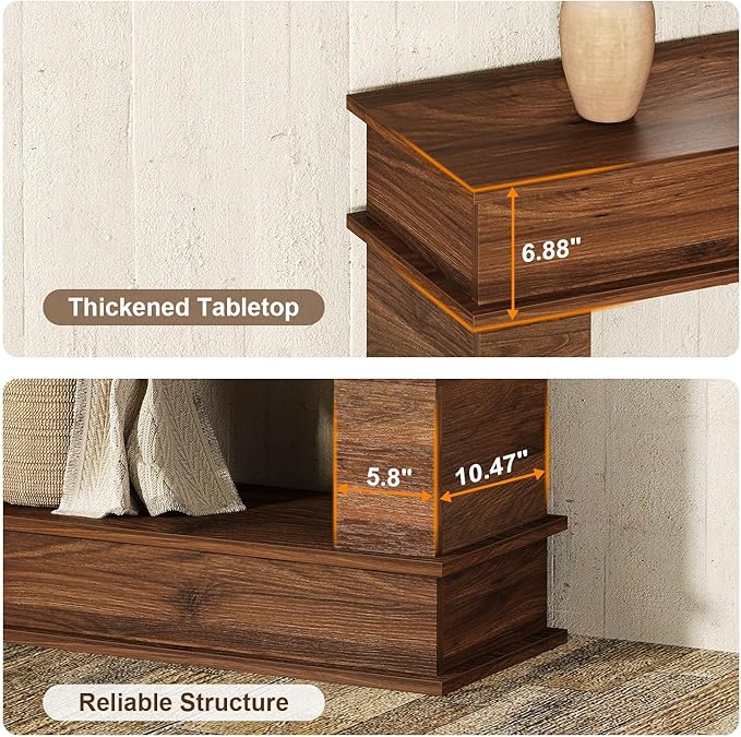 63 Inches Large Console Table, 2-Tier Entryway Table, Narrow Long Sofa Table Behind Couch, Bamboo-like Design, Heavy Duty Base, Farmhouse Wood Accent Decor for Living Room, Hallway, Foyer (Walnut)