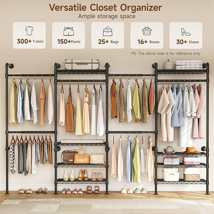 H4 Wall Mounted Closet System, Expandable Industrial Pipe Clothes Rack Clothing Rack for Hanging Clothes, Heavy Duty Closet Organizers and Storage in Wardrobe Closet