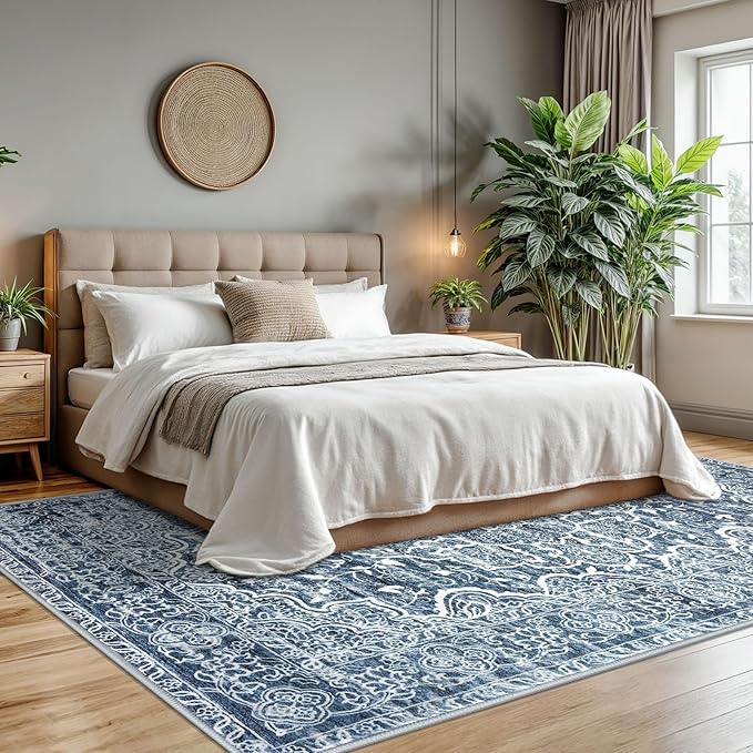 KUTA Vintage 8x10 Area Rugs for Living Room, Washable Large Rug for Bedroom 8ft x 10ft Non-Slip, Blue White Ultra Soft Printed Traditional Floral Medallion Distressed Dining Room Low-Pile Carpet