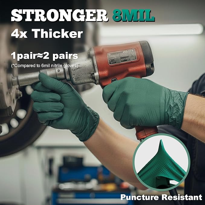 TitanFlex Heavy Duty Industrial Nitrile Gloves with Raised Diamond Texture, 8-mil, Latex Free, Powder Free (Green/Dark Green)