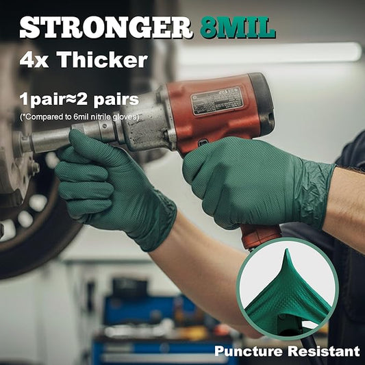 TitanFlex Heavy Duty Industrial Nitrile Gloves with Raised Diamond Texture, 8-mil, Latex Free, Powder Free (Green/Dark Green)