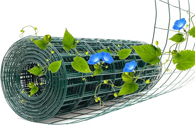 Green Metal Garden Fence, 48inch(H) x 100ft(L), 2 inch x 3 inch,14GA 2/3/4/5/6 Ft Tall Chicken Wire PVC Coated Welded Wire Mesh Roll for Dogs Border Yard Vegetable Plant Protection Poultry Netting