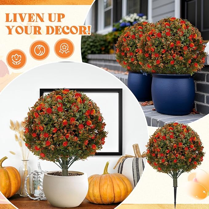 24 Fall Artificial Topiary Ball Trees with Flowers Set of 2, Outdoor Fake Topiary with Ground Spike, UV Resistant Faux Artificial Plant Bushe for Indoor Front Porch Garden(2 Pack, Orange)