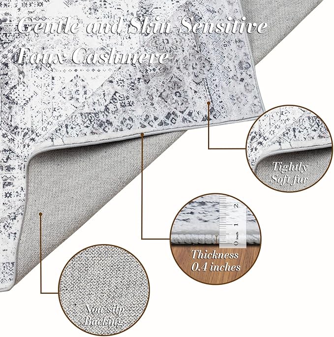 Area Rug 3×5, Vintage Boho Rug,Ultra-Soft Low Pile, Washable, Non Slip,Stain Resistant Printed Carpet for Living Room Bedrooms Playroom Office Kitchen, Classic-Grey