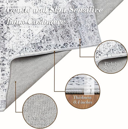Area Rug 3×5, Vintage Boho Rug,Ultra-Soft Low Pile, Washable, Non Slip,Stain Resistant Printed Carpet for Living Room Bedrooms Playroom Office Kitchen, Classic-Grey
