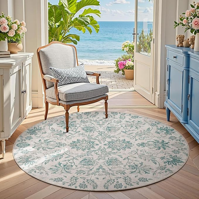 jinchan Classic Floral Round Rug 4ft Vintage-Inspired Design 4’Circle Rug, Machine Washable Ultra-Thin Low-Pile Non-Slip Indoor Carpet for Bedroom Dining Room Living Room Entryway