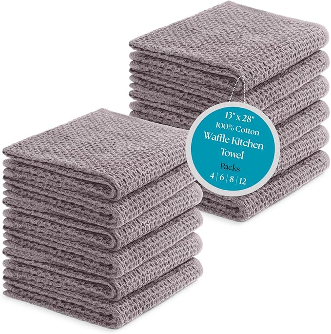 Premium Cotton Waffle Weave Kitchen Towels - Pack of 12 (13x28 inches), Ultra Soft, Absorbent, Quick Dry Best for Dish Cloths, Hand Towels & Dish Rags - Taupe/Grey (Kitchen Essentials)