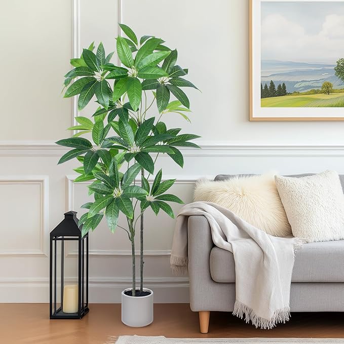 Artificial Fortune Tree - 5 FT Fake Tree with White Planter - Large Faux Plants Indoor Outdoor - Artificial Plants Indoor pots for Home Office Living Room Decor
