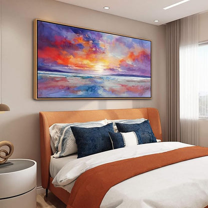 DUNHUANG ART Colorful Ocean Sunset Abstract Beach Wall Art - Orange Red Warm Sunrise Artwork for Living Room and Bathroom Decor - Large Beach Posters Picture over the Bed 30"x60"