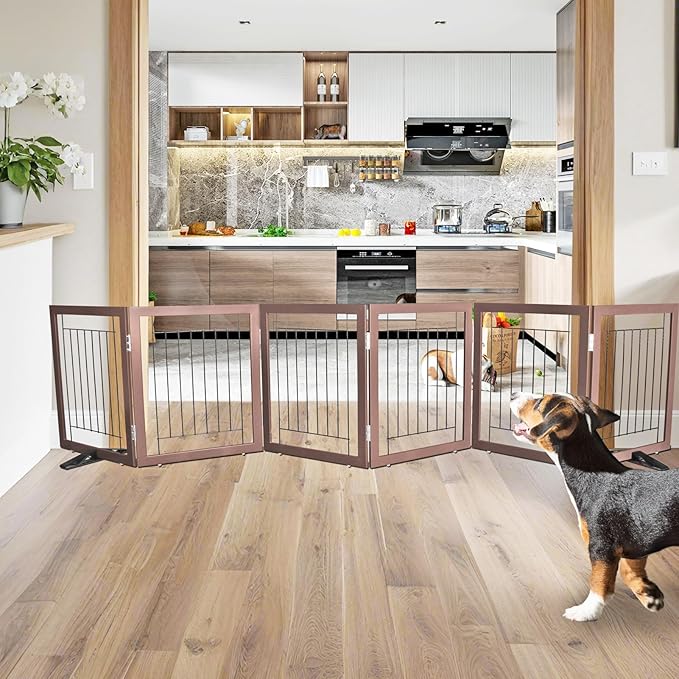 ZJSF Freestanding Dog Gate Indoor, Foldable Dog Fence for Doorways,Hallways or Stairs, Sturdy Wood Extra Wide Pet Gate with Support Feet,Brown,24 "Height-6 Panels