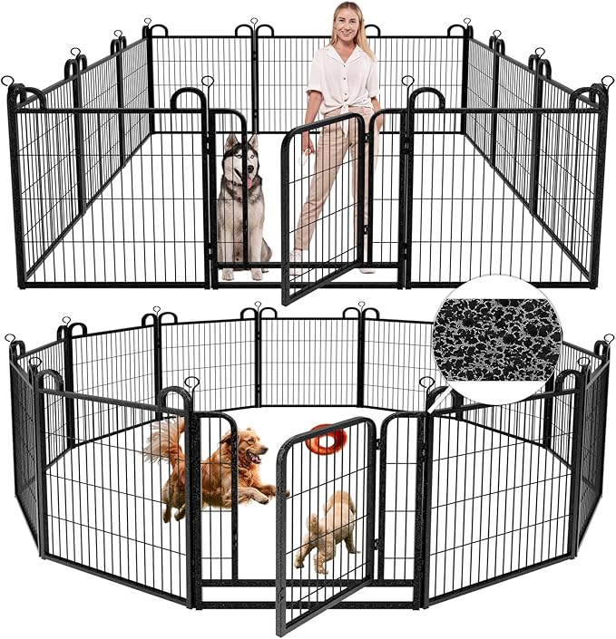 Dog Playpen Outdoor 12 Piece Panels Heavy Duty Dog Fence 32" Height Anti-Rust with Doors Portable for RV Camping Yard, Total 27FT, 58 Sq.ft, Snowy Black