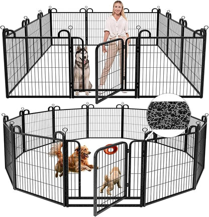 Dog Playpen Outdoor 12 Piece Panels Heavy Duty Dog Fence 32" Height Anti-Rust with Doors Portable for RV Camping Yard, Total 27FT, 58 Sq.ft, Snowy Black